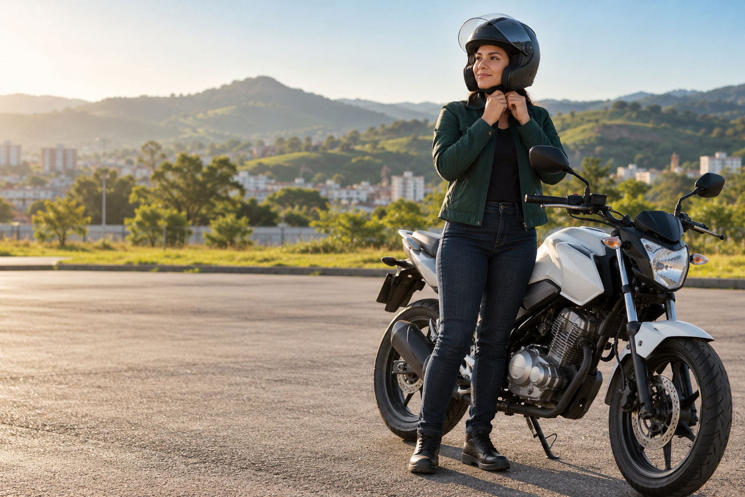 Imagem ilustrativa de aluna ao lado de uma moto em área de prática